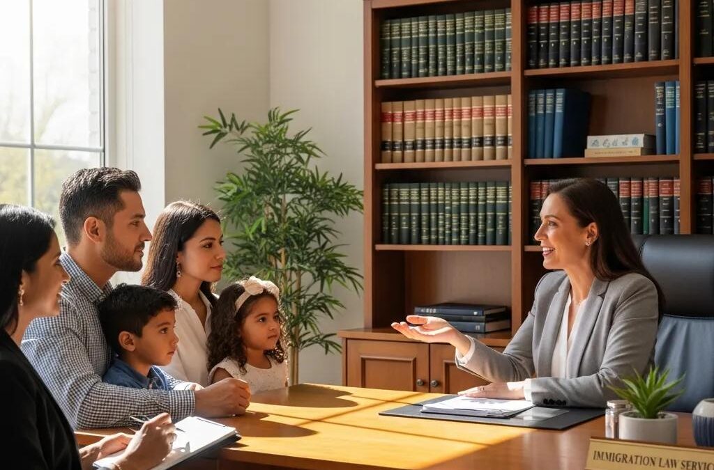 Diverse group consulting with an immigration attorney in a professional office setting