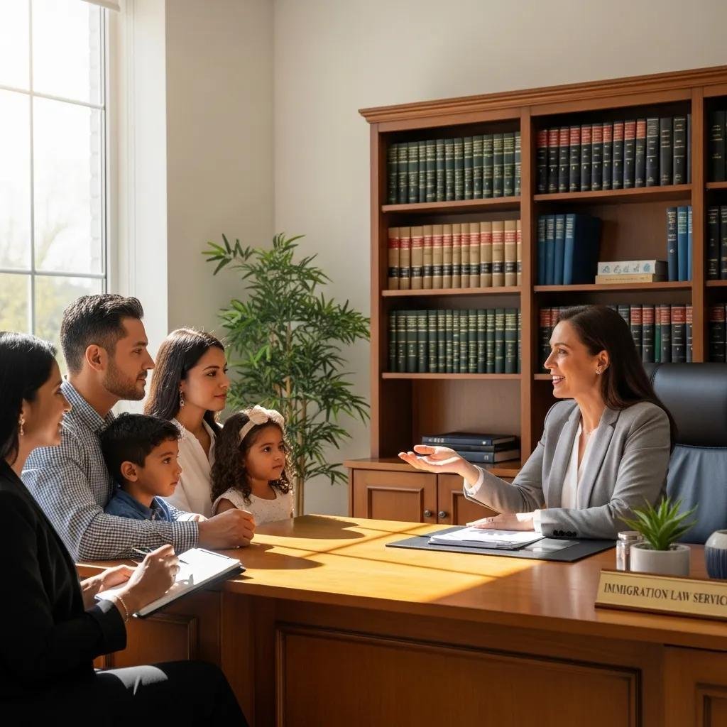 Diverse group consulting with an immigration attorney in a professional office setting