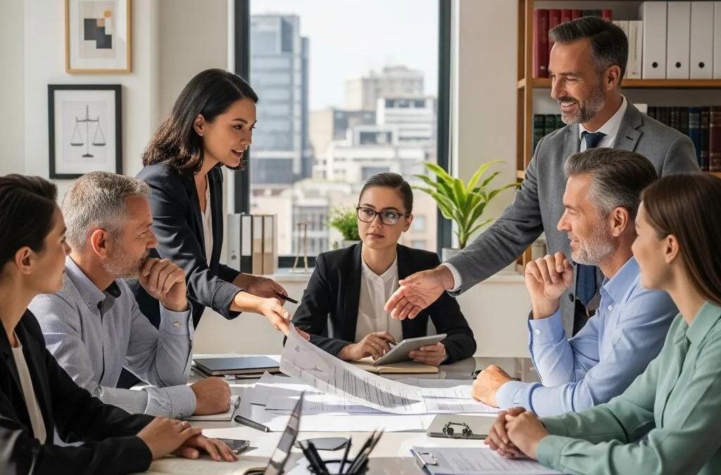 Diverse group of lawyers discussing legal matters in a modern office, emphasizing expertise and client engagement