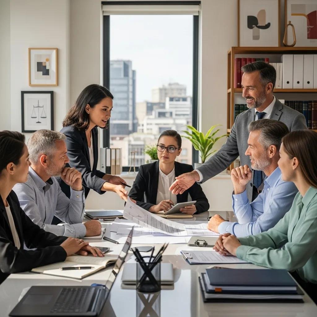 Diverse group of lawyers discussing legal matters in a modern office, emphasizing expertise and client engagement