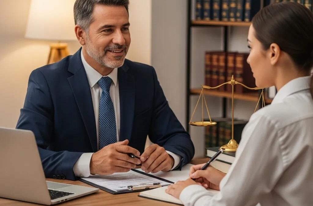 Lawyer consulting with a client in a professional office setting