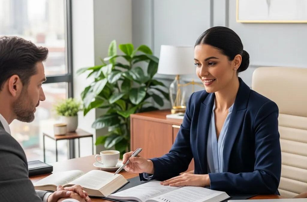 Lawyer discussing ethics compliance with a client in a professional office setting