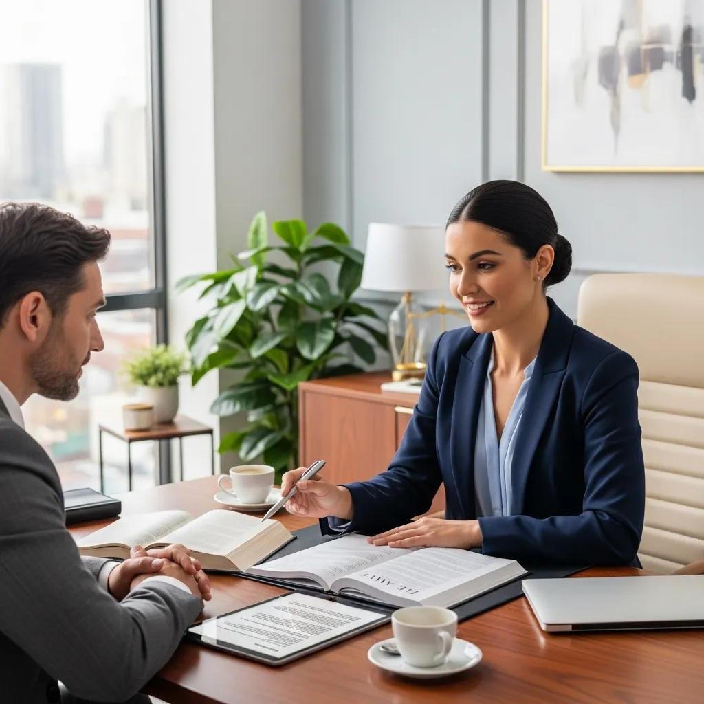 Lawyer discussing ethics compliance with a client in a professional office setting