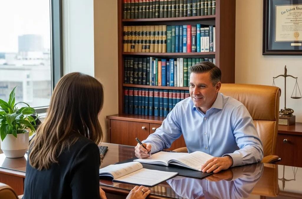 Personal injury lawyer discussing case options with a client in a welcoming office setting