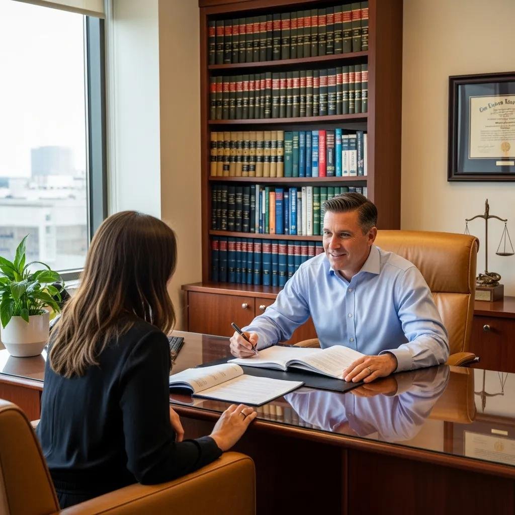 Personal injury lawyer discussing case options with a client in a welcoming office setting