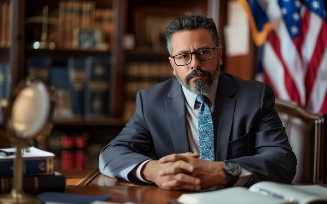 Criminal defense attorney consulting with a client in an office setting