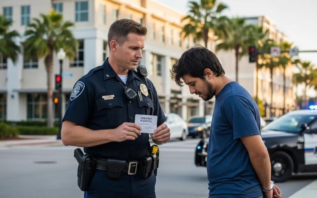 Police officer interacting with an arrested individual in Orlando, highlighting the urgency of legal rights