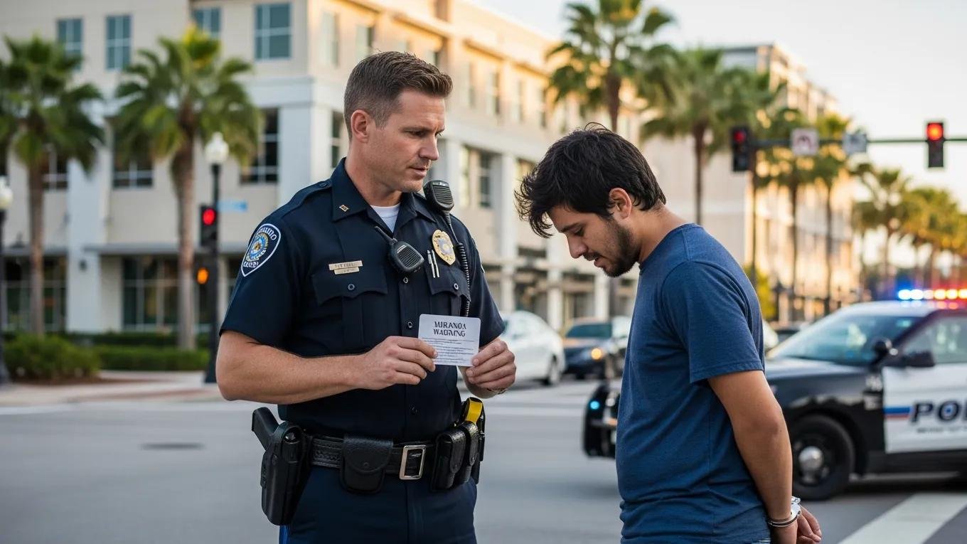 Police officer interacting with an arrested individual in Orlando, highlighting the urgency of legal rights