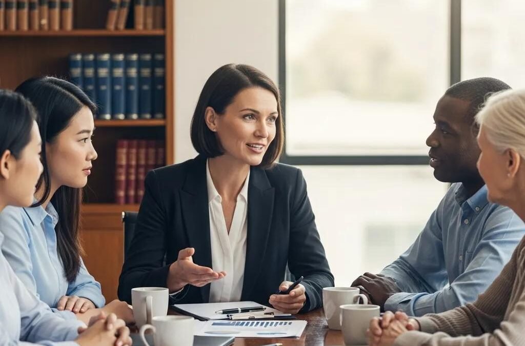 Diverse clients consulting with a lawyer in an office, emphasizing trust and collaboration