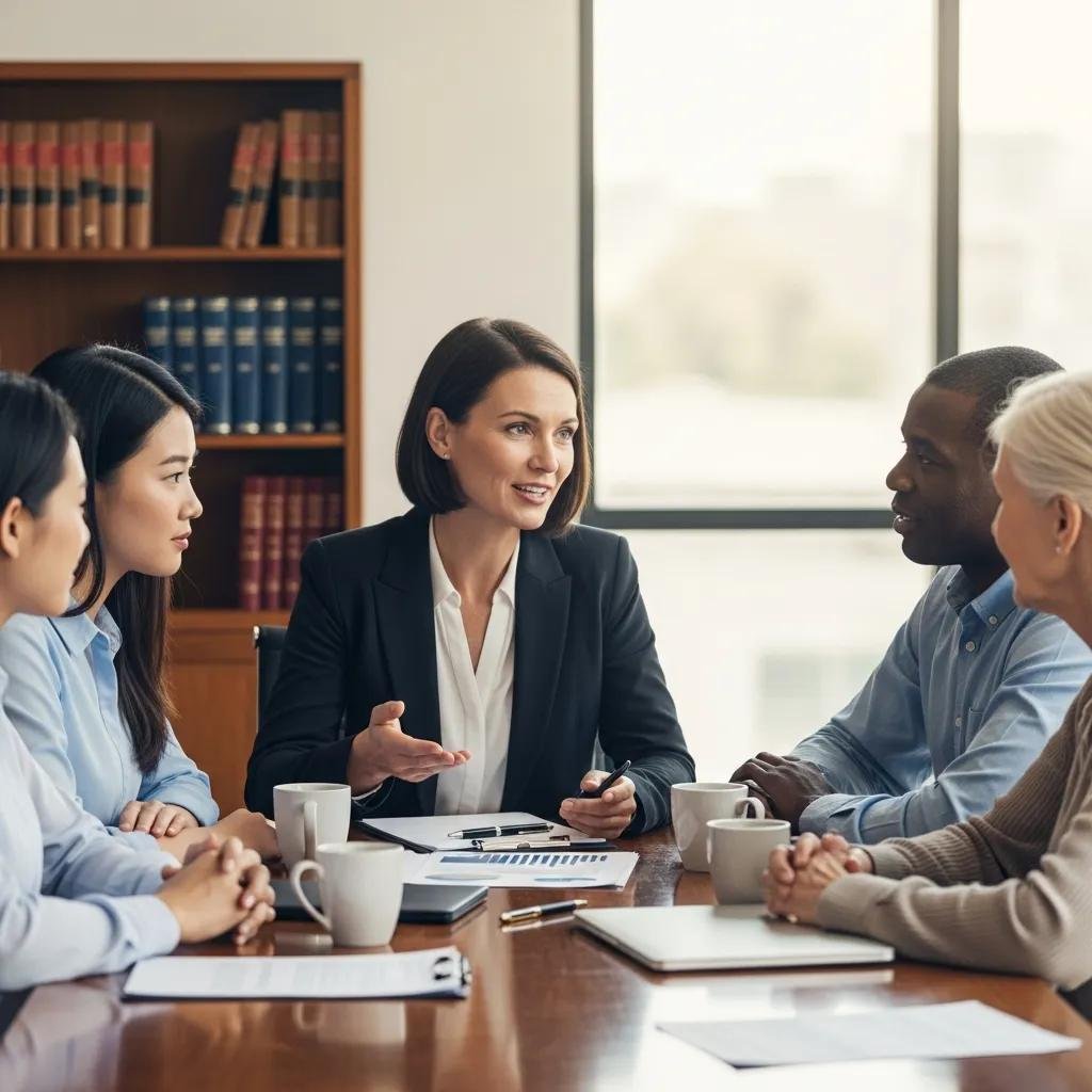 Diverse clients consulting with a lawyer in an office, emphasizing trust and collaboration
