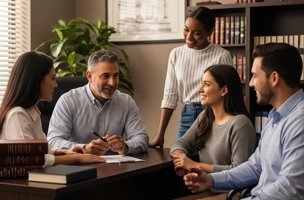 Diverse group consulting with an attorney in a modern law office, highlighting local legal support
