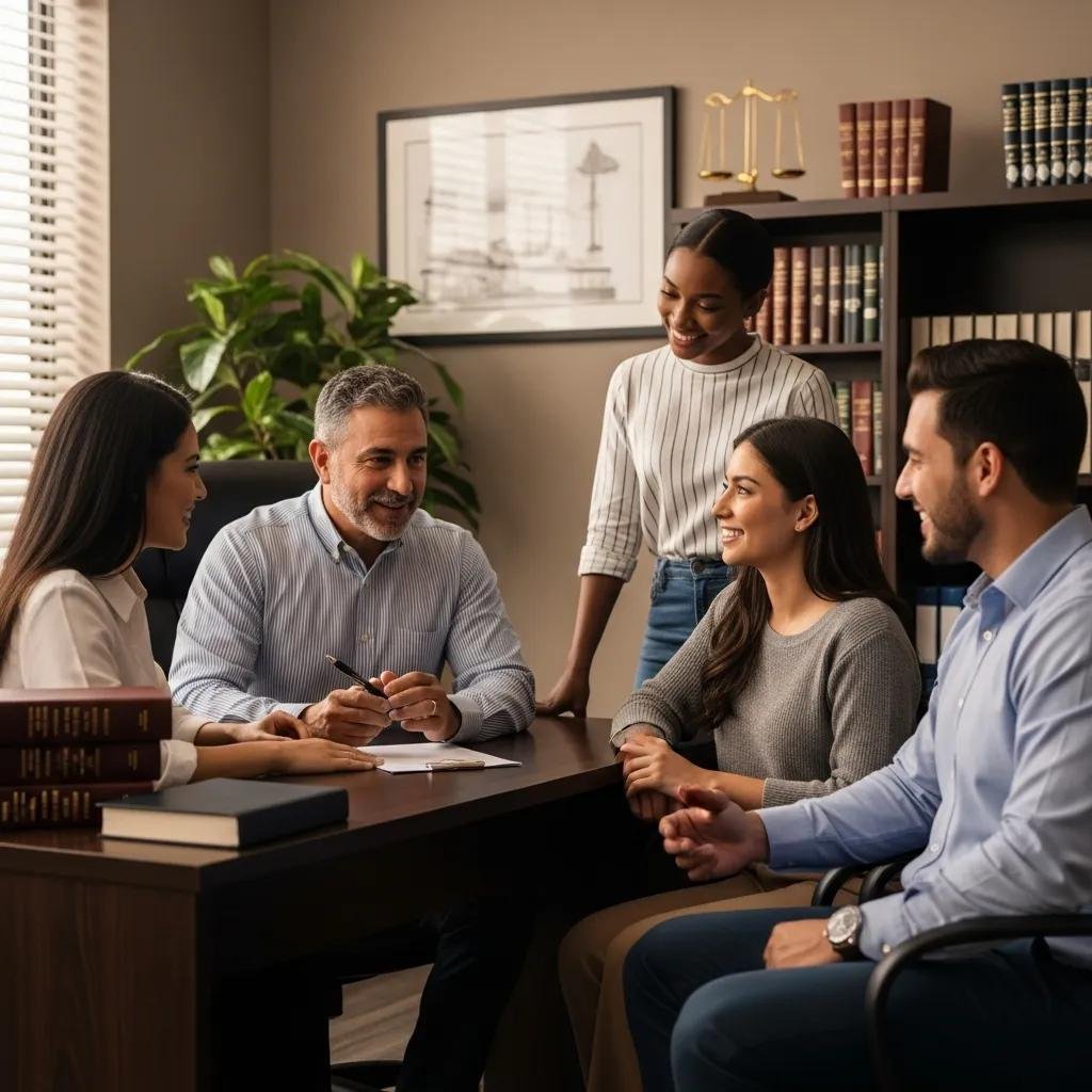 Diverse group consulting with an attorney in a modern law office, highlighting local legal support