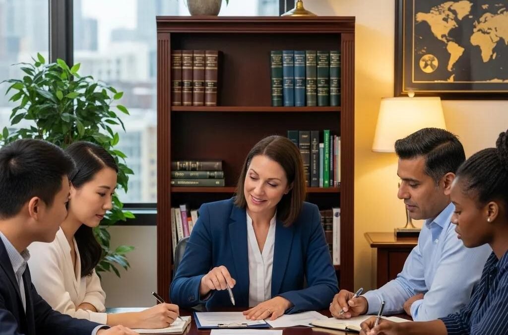 Immigration lawyer consulting with clients in a professional office setting