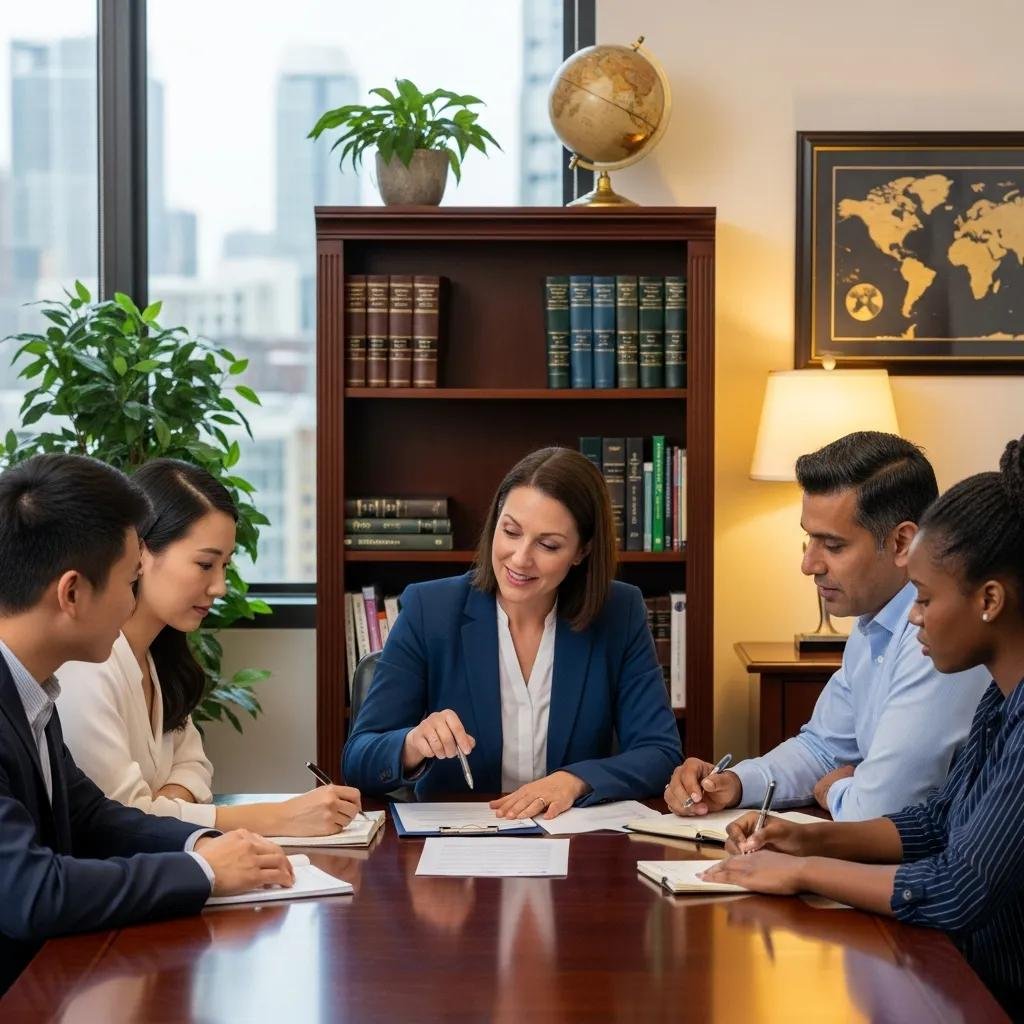 Immigration lawyer consulting with clients in a professional office setting