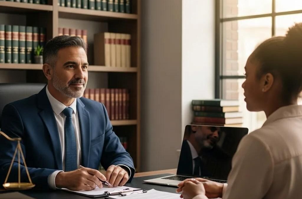 Lawyer consulting with a client in a professional office setting