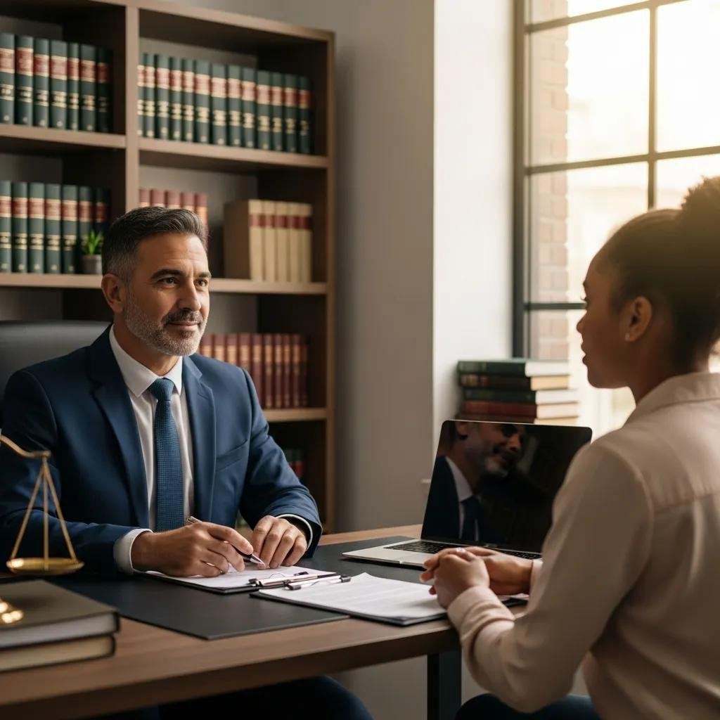 Lawyer consulting with a client in a professional office setting