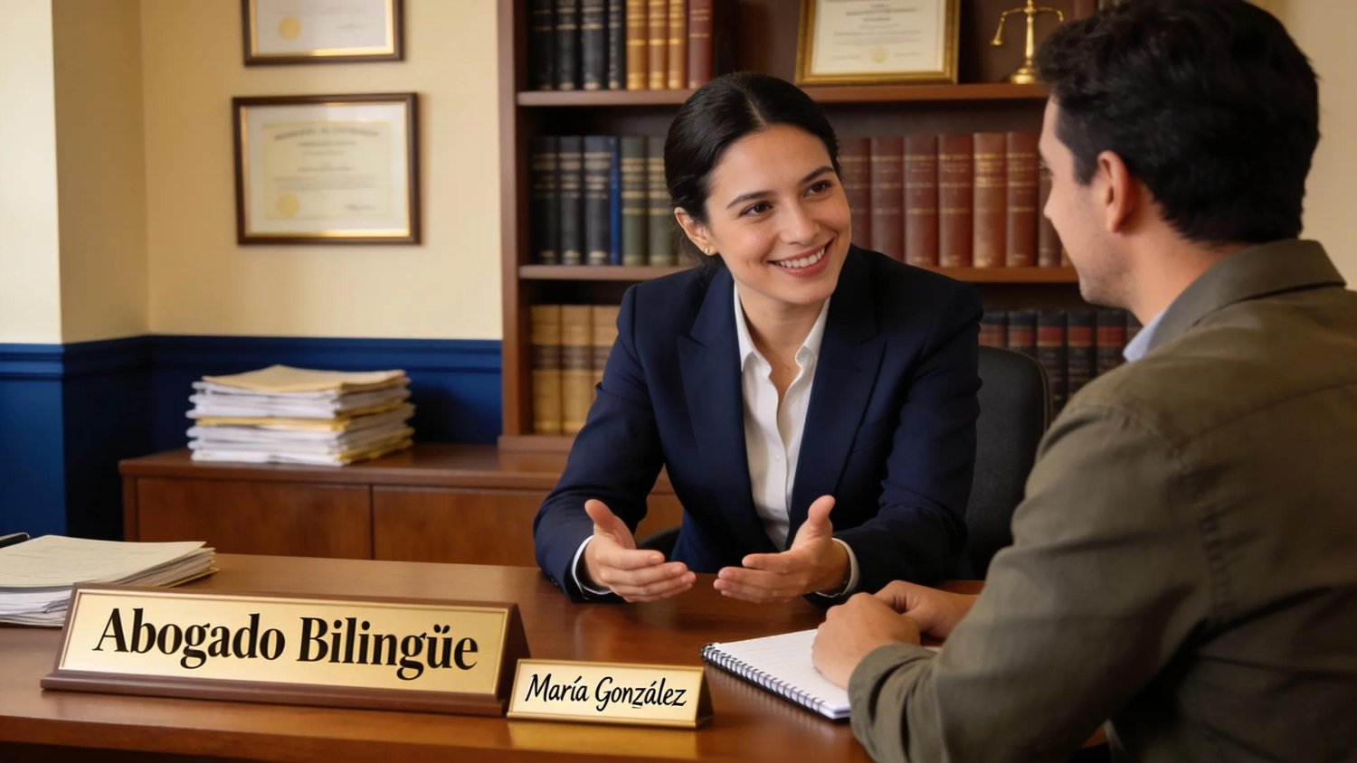 Bilingual attorney engaging with Spanish-speaking client in a legal setting
