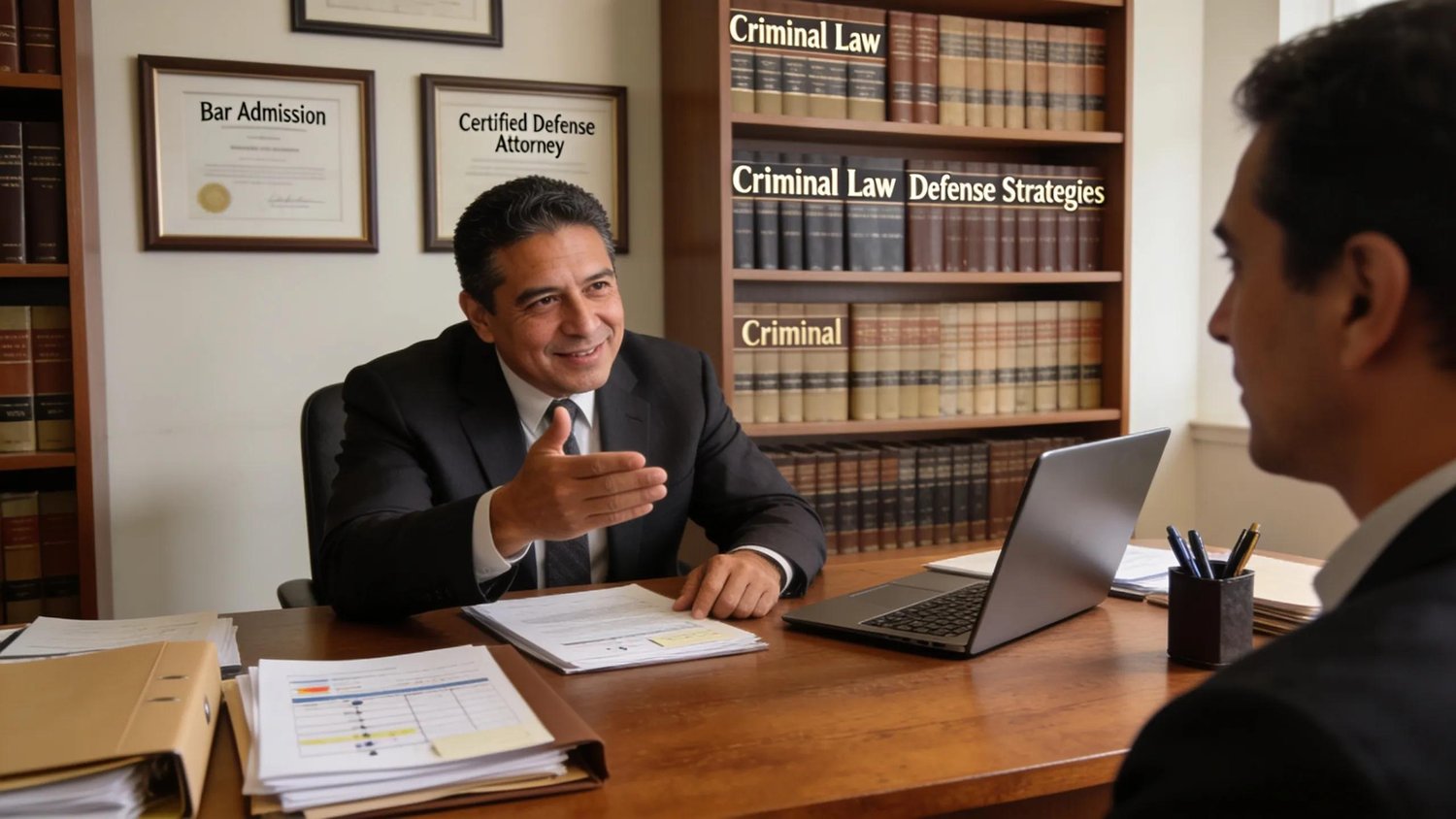 Criminal defense attorney consulting with a client in a professional office setting, highlighting the importance of legal representation costs