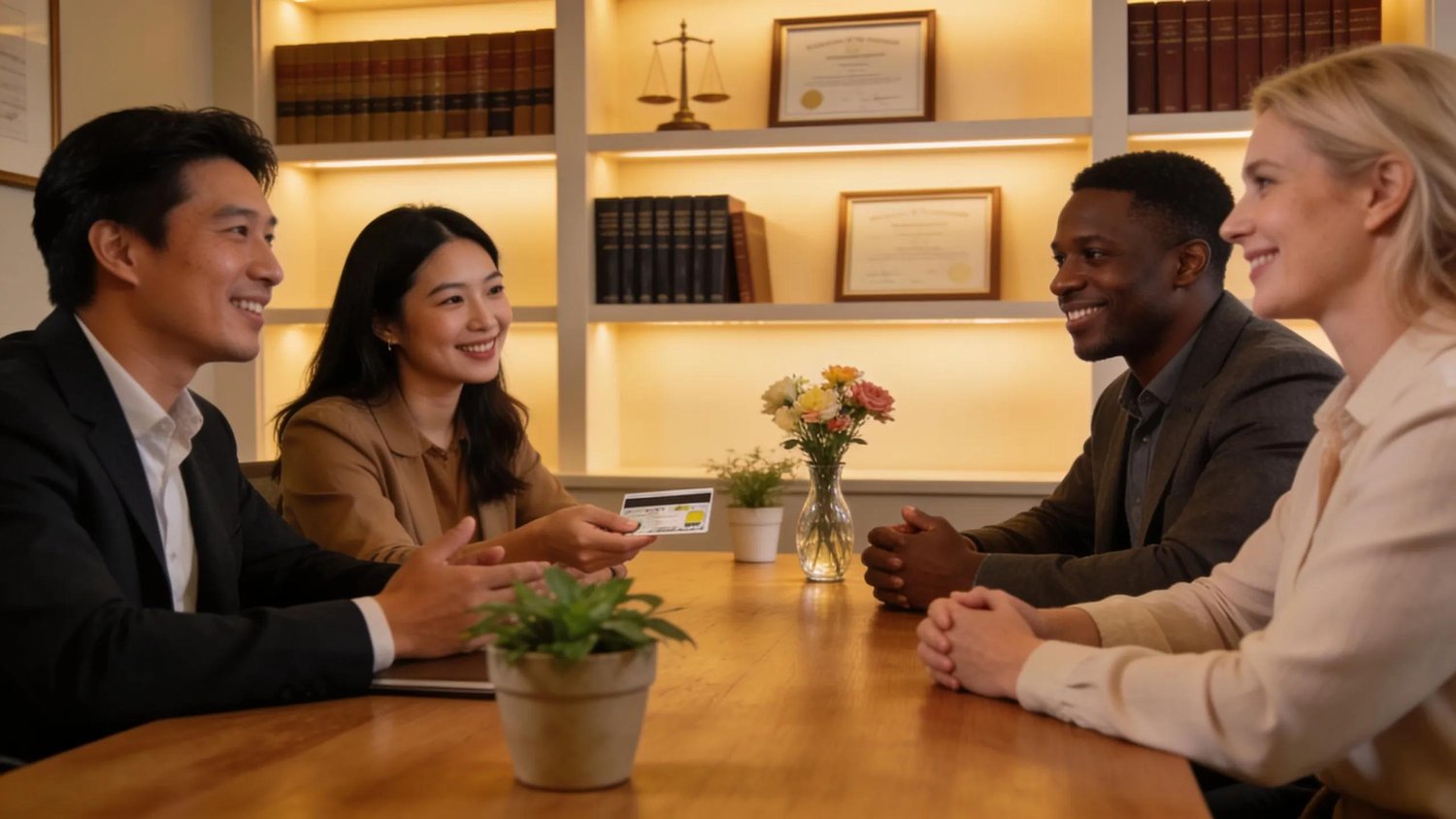 Diverse individuals discussing flexible payment options for legal services in a welcoming law office setting.