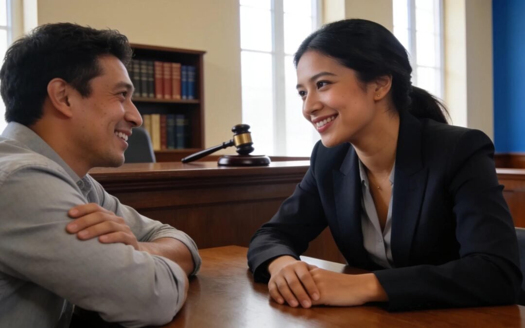 Attorney and client discussing legal strategy in Orlando courtroom.