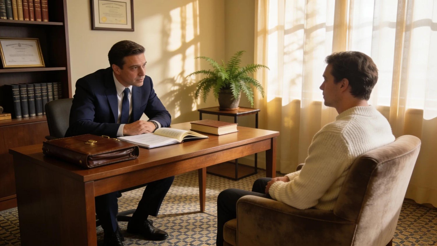 Criminal lawyer consulting with a client in a comfortable office setting