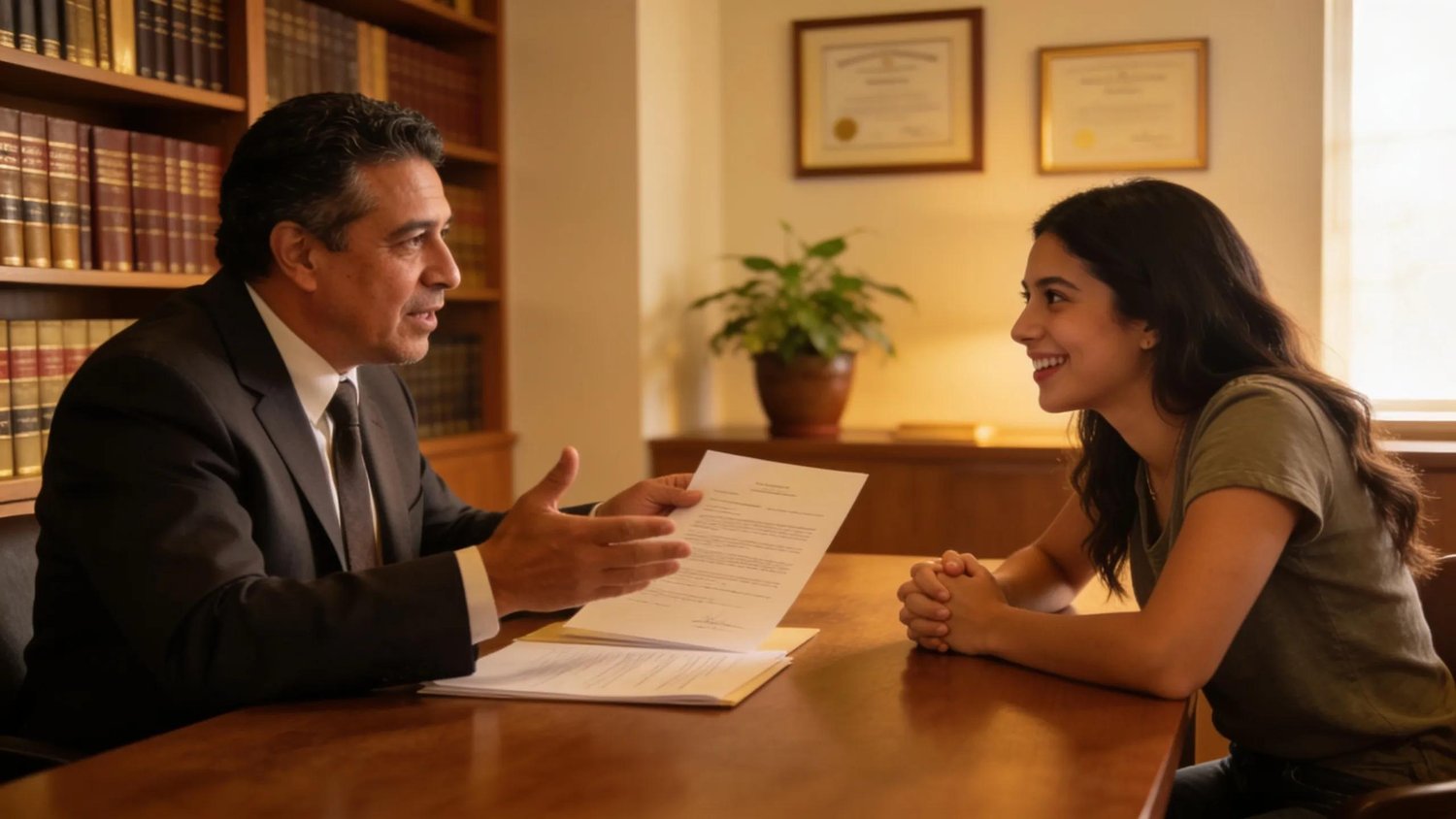 Bilingual attorney assisting a Spanish-speaking client in a supportive office environment