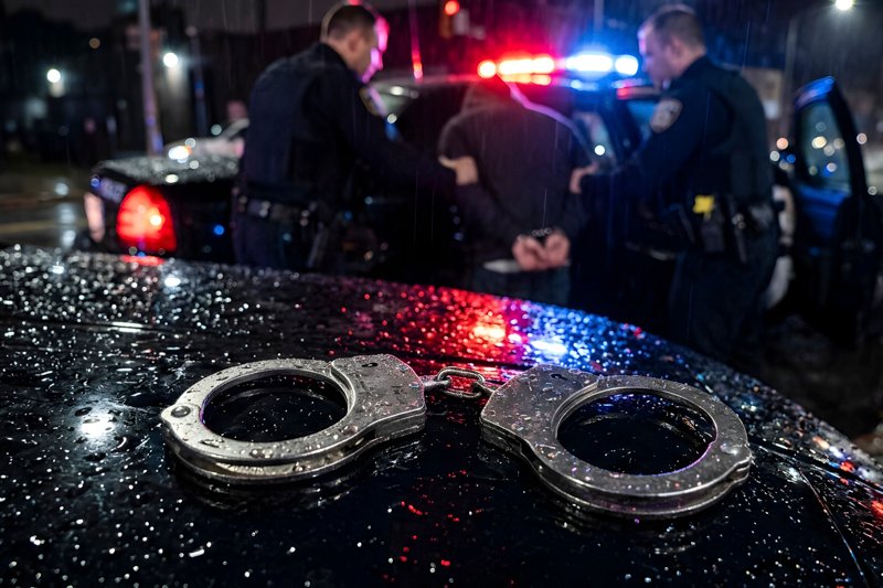 Police officers arresting a suspect at night.