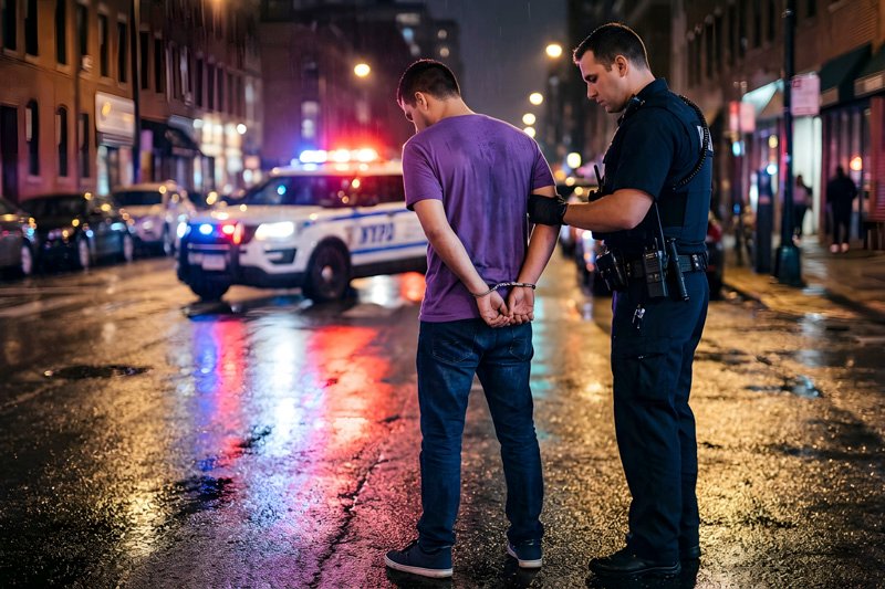 Police Officer Arresting Young Man in Handcuffs on Night City St