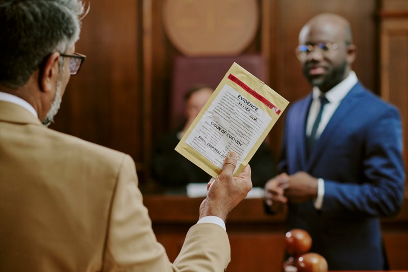 Middle Aged Man Presenting Evidence to Young Adult Black Man in Courtroom