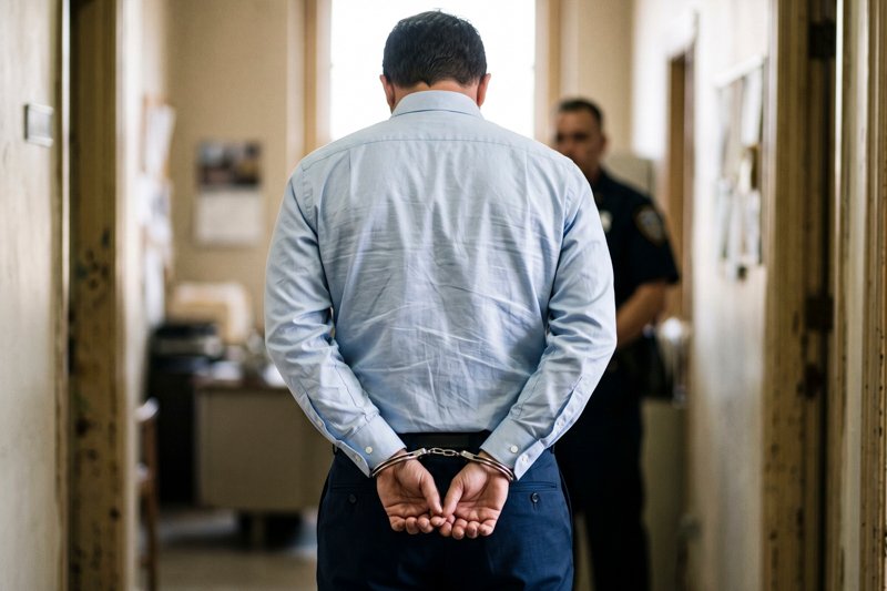 Back View of Handcuffed Businessman in White Collar Crime Arrest