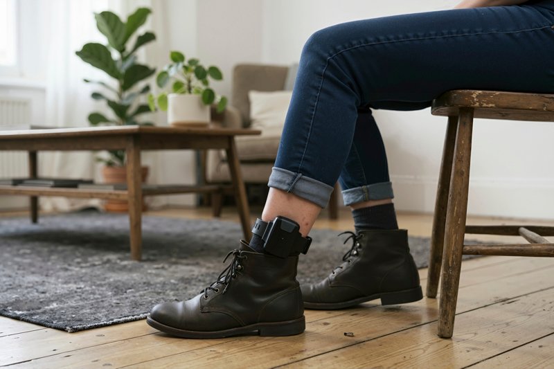 Person wearing an electronic ankle monitor while sitting at home. Close up of legs with a black gps tracking bracelet for house arrest or probation