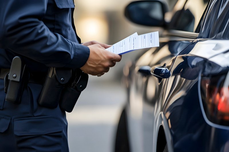 policeman writing a ticket to a parked car Traffic Ticket