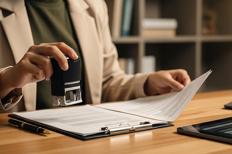Professional business person using a rubber stamp to authorize o