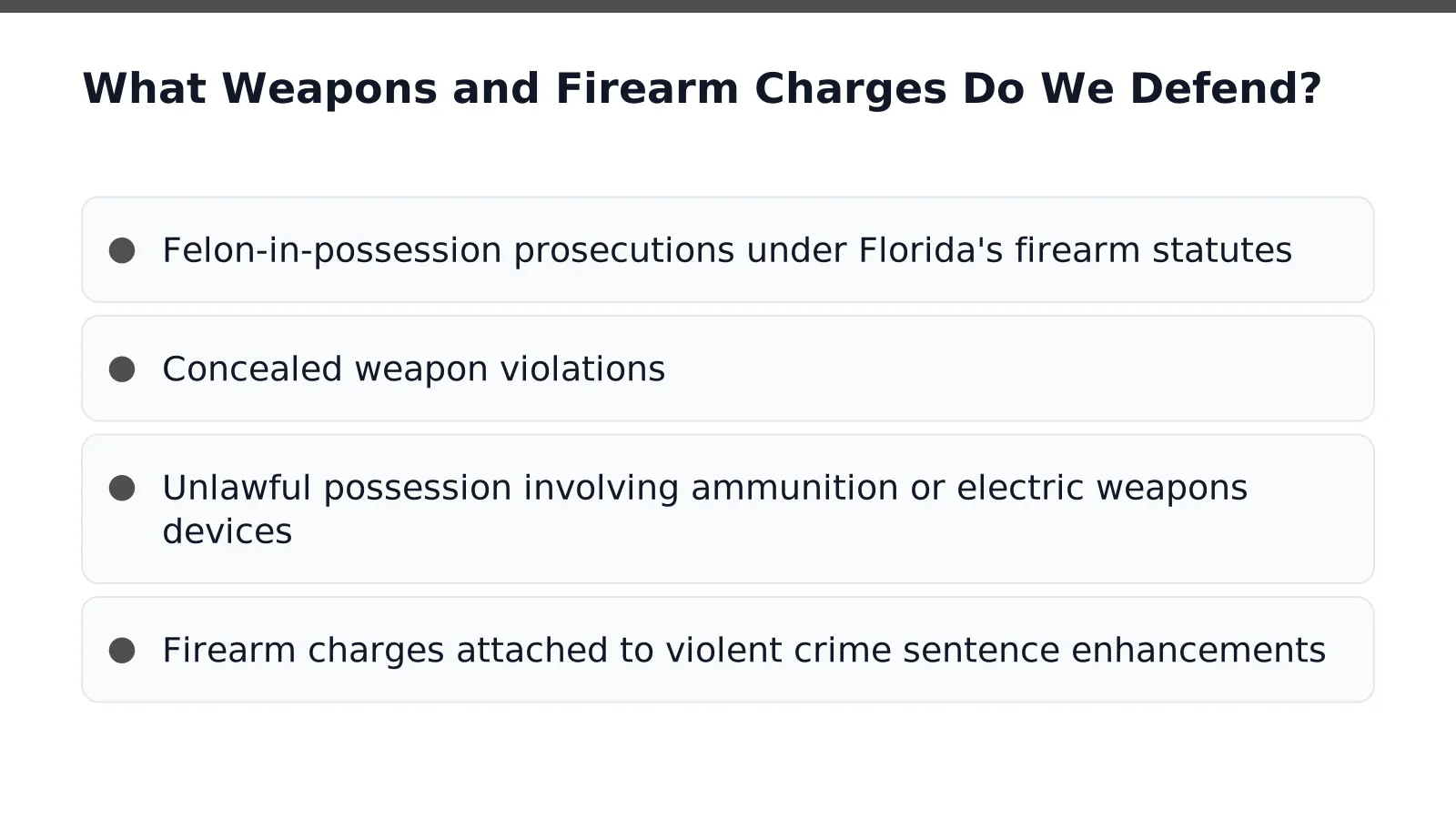 List detailing firearm charge defenses, including felon-in-possession and concealed weapon violations, offered by The AM