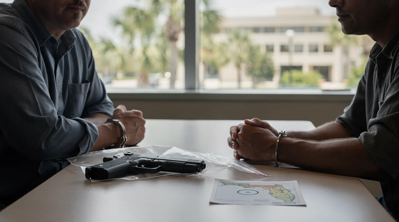 Two men seated at a table discussing a firearm and legal map, representing weapons charge